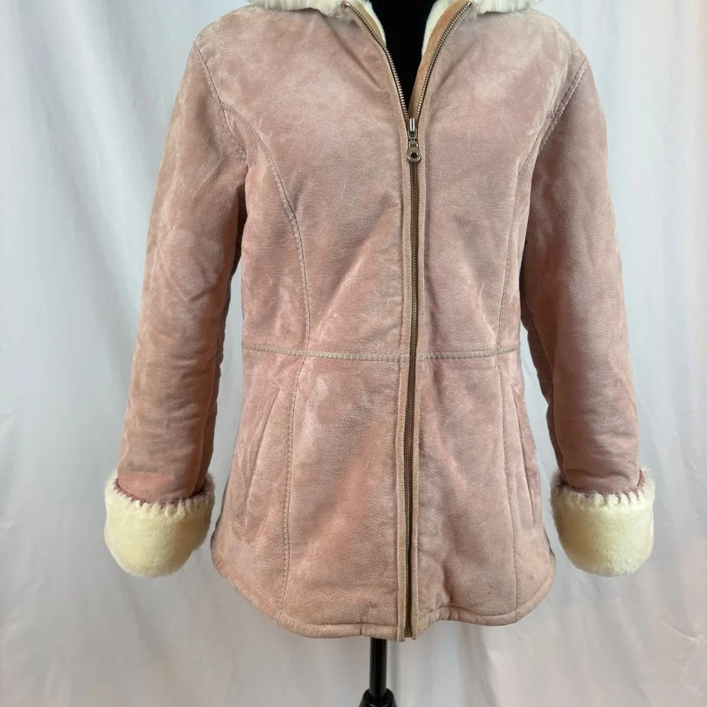 Wilsons Leather Pink Suede‎ Hooded Jacket Faux Fur Shearling Lined Dusty Rose